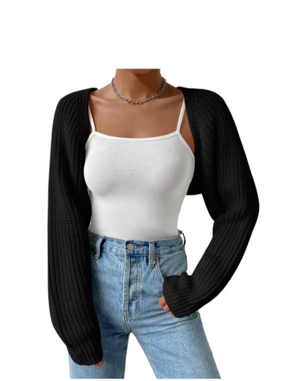 COMMENSE RIBBED LONG SLEEVE OPEN FRONT CROPPED SHRUG SWEATER BLACK SIZE LARGE
